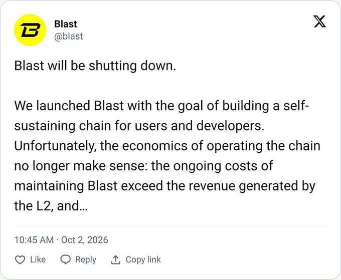 A screenshot of Blast's (@blast) official X post announcing the shutdown of the L2 blockchain, citing that operating costs exceeded revenue, posted on October 2, 2026, which aligns with the accompanying post-mortem discussion highlighting Blast's dramatic decline from $2.2 billion to $62 million in TVL.