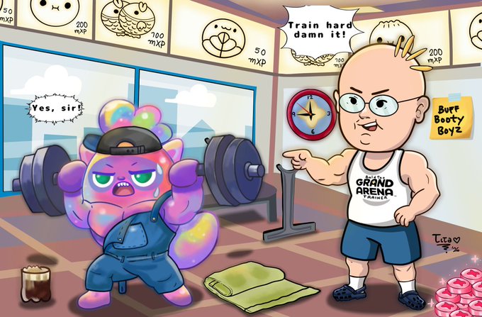 A cartoon illustration shows a muscular trainer with a 'Grand Arena Trainer' shirt yelling "Train hard damn it!" at a sweaty purple creature lifting weights, who replies "Yes, sir!". The gym has mXP rewards on the wall and a sticky note reading "Buff Booty Boyz".