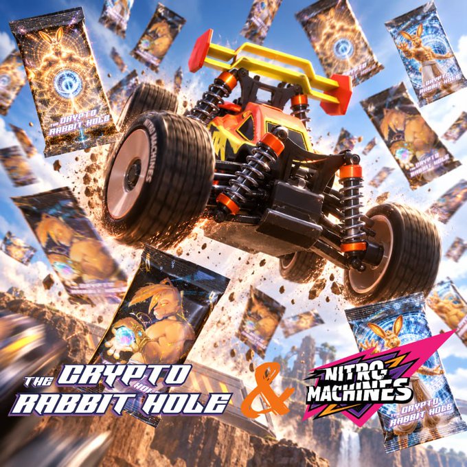 Promotional artwork featuring an RC car jumping amid floating card packs, advertising a collaboration between "THE CRYPTO RABBIT HOLE" and "NITRO MACHINES."