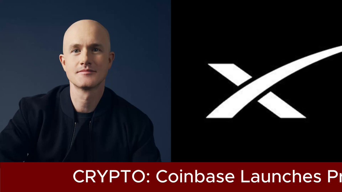 The image features a man sitting next to a logo for Coinbase, which is launching a new cryptocurrency called "Coinbase Launches P." The man appears to be bald and wearing a black jacket. The logo of the company behind the cryptocurrency is displayed in white against a blue background.