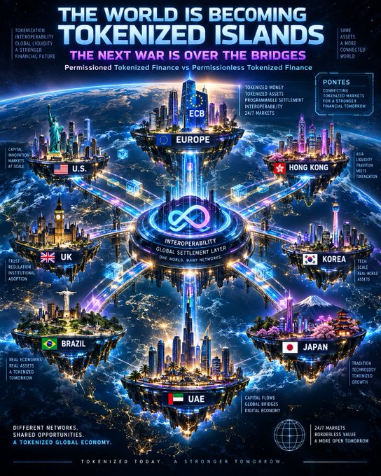 A futuristic infographic titled 'THE WORLD IS BECOMING TOKENIZED ISLANDS' depicting floating cities representing the U.S., Europe, Hong Kong, Korea, Japan, UAE, Brazil, and UK connected by bridges, promoting permissioned vs permissionless tokenized finance interoperability.