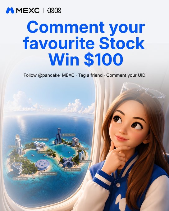 The image is a MEXC promotional graphic featuring a stylized 3D animated woman looking out an airplane window at a tropical island with labeled stocks ("Trade Wall Street," "Explore VN," "Bring Your Crew"), promoting a giveaway with the text "Comment your favourite Stock Win $100," matching the post's call for followers to share their favorite stock to win USDT.