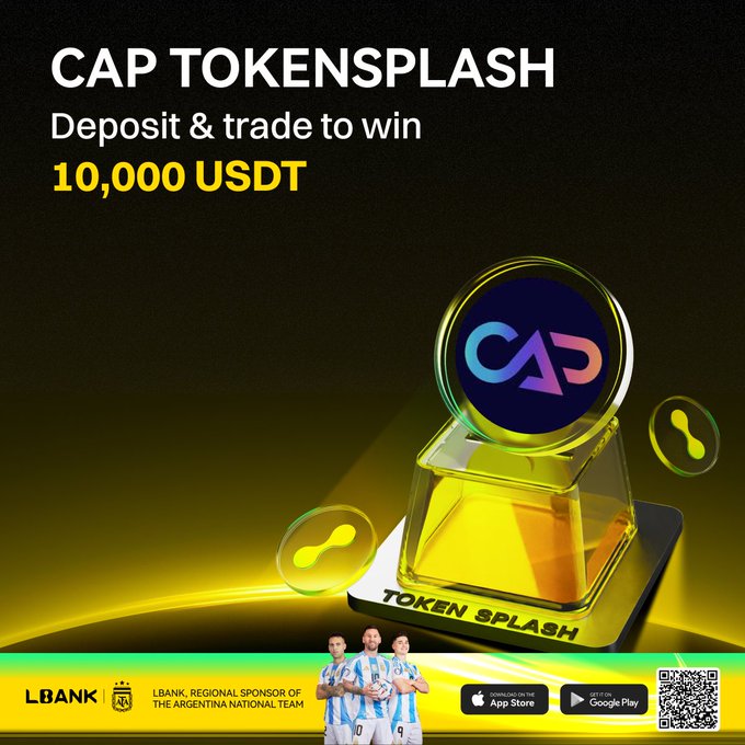 This promotional graphic advertises the "CAP TOKENSPLASH" event, offering a 10,000 USDT prize pool for users who deposit and trade on LBank, which is highlighted as a regional sponsor of the Argentina National Team.

The image features a golden trophy labeled "TOKEN SPLASH" with the colorful $CAP token logo on top, alongside Argentina national team players in their iconic blue and white striped jerseys, and QR codes for downloading the LBank app.