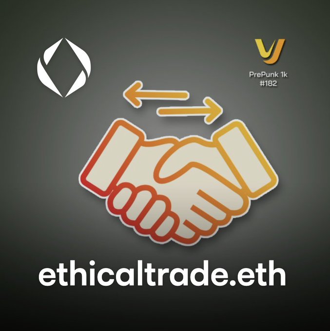 Logo graphic for 'ethicaltrade.eth' featuring a handshake illustration with bidirectional arrows, alongside an Ethereum diamond symbol and 'PrePunk 1k #182' branding.