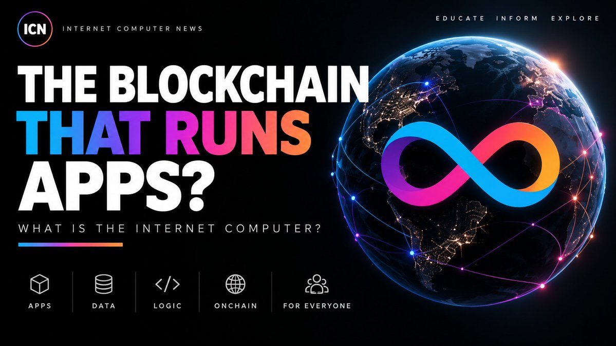 An 'ICN Internet Computer News' promotional graphic with the headline 'THE BLOCKCHAIN THAT RUNS APPS?' and subtitle 'WHAT IS THE INTERNET COMPUTER?', featuring an Earth graphic and a colorful infinity symbol.