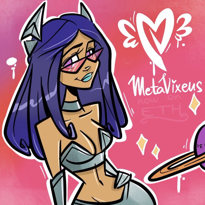 Digital cartoon artwork featuring a purple-haired character with sunglasses next to the text 'MetaVixens now on ETH' alongside planet designs.