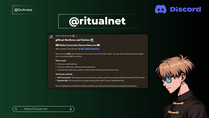 A green graphic showing a Discord wallet connection interface for '@ritualnet' with the Ritual Brethren and Sistren channel, alongside an anime character wearing glasses.