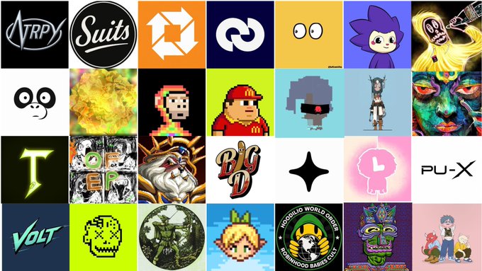 A 4x7 grid collage showcasing 28 different NFT collection logos and avatars, featuring visible text and branding such as "NTRPY," "Suits," "Big D," "T," "VOLT," "PU-X," along with pixel art characters, profile pictures (PFPs), and various stylized graphics representing the collections highlighted in the post as ones to watch in the NFT space.