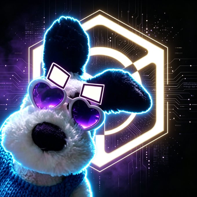 A blue stuffed rabbit character wearing heart-shaped purple sunglasses, set against a futuristic background featuring a glowing hexagonal circuit board design.