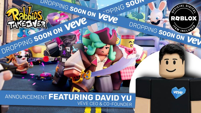 The image features a man wearing a black shirt, standing next to a banner that says "Dropping soon on Veve". The banner also includes text about an upcoming game called "Rabbits Takeover" and mentions that David Yu will be featured in the game. The man is smiling at the camera, suggesting he is excited about the new game release.