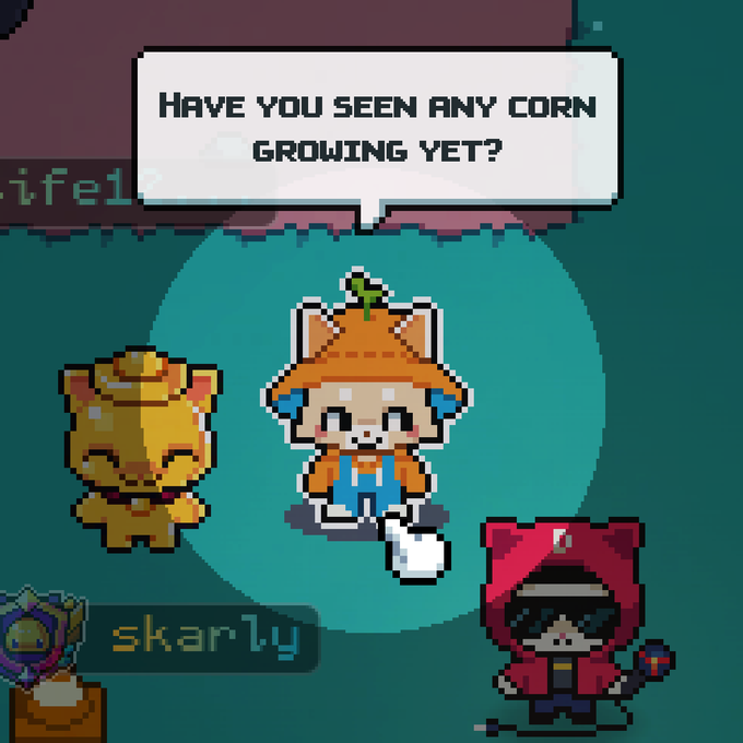 A pixel art scene from a video game shows a character wearing a pumpkin hat asking "HAVE YOU SEEN ANY CORN GROWING YET?" alongside two cat-like companions labeled "skarly" and "ifel". The image directly illustrates the post's question about spotting corn, suggesting a playful or autumn-themed inquiry from the pumpkin-costumed character.