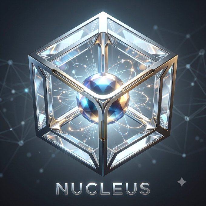 A glowing, faceted sphere is suspended within a chrome-framed cubic structure, with the word "NUCLEUS" displayed below and a constellation-like network in the dark background. The imagery suggests the foundational core of identity—centered, contained, and structurally significant—mirroring the post's argument that genuine onchain identity is a built, enduring pattern rather than a profile picture or surface-level bio.