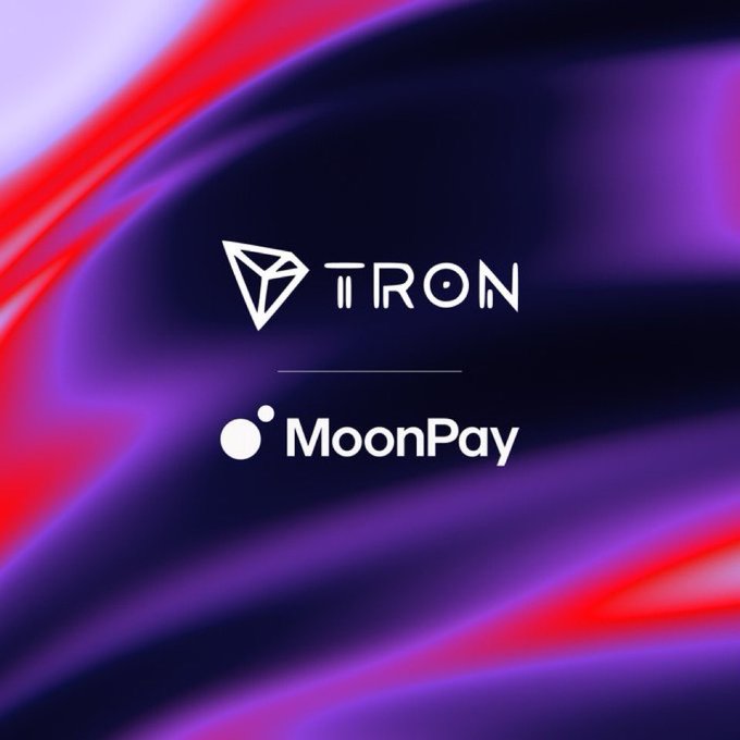 The image displays the TRON and MoonPay logos on a purple and red wavy background, representing the partnership announced in the post about integrating gasless transactions through MoonPay Trade for TRON users.
