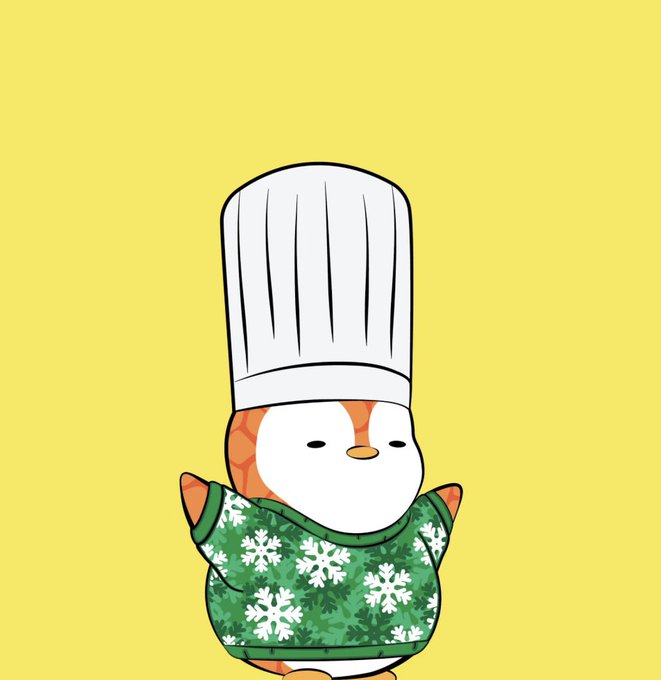 An illustrated penguin wearing a tall white chef's hat and a green holiday sweater with white snowflakes against a yellow background.
