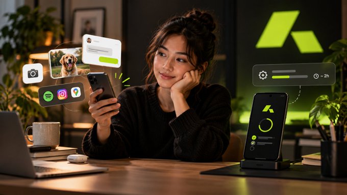 A young woman sits at a cozy desk using her smartphone, with floating app icons including Spotify, Instagram, a camera, and a chat message visible alongside an AirPool-style app interface, while another phone displays a loading screen with a settings panel showing "~2h" next to it. The scene illustrates the practical decision of repurposing an old phone for Acurast—balancing everyday functions like chatting, photography, and apps with running decentralized infrastructure.