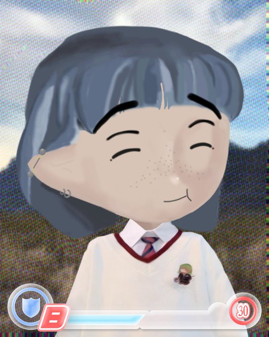 A vintage-style digital illustration of a stylized female character with blue hair, freckles, and a school uniform, with a game UI overlay at the bottom showing a shield icon, 'B' button, and a 30-second timer.