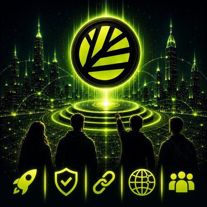 A futuristic promotional image shows four silhouetted figures looking toward a glowing green Canopy Network emblem above a neon-lit city, with icons at the bottom representing a rocket, security shield, link, globe, and people.