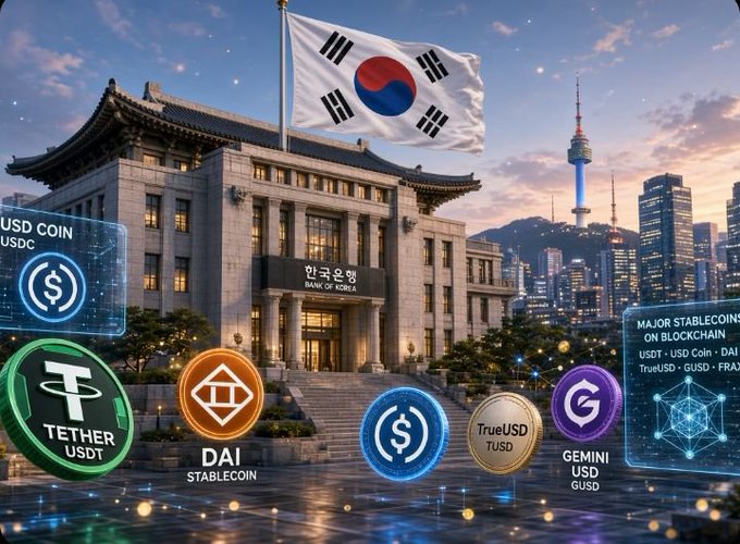 A graphic featuring the Bank of Korea building with the South Korean flag, surrounded by logos for major stablecoins including USD Coin (USDC), Tether (USDT), DAI, TrueUSD (TUSD), and Gemini (GUSD).