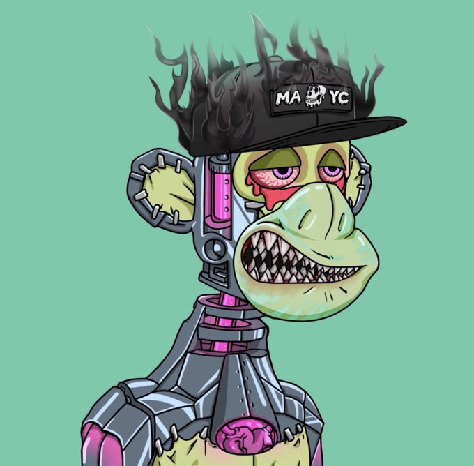 A cartoon zombie duck wearing a black 'MAYC' cap with flames, featuring cybernetic/robotic body parts and an exposed brain against a mint green background.