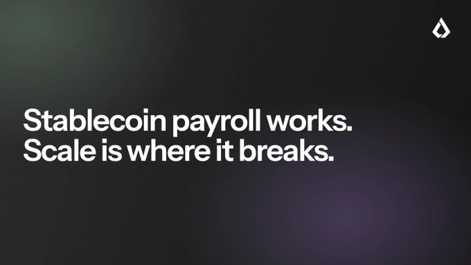 A dark slide with white text reads 'Stablecoin payroll works. Scale is where it breaks.' next to a small droplet/flame logo.