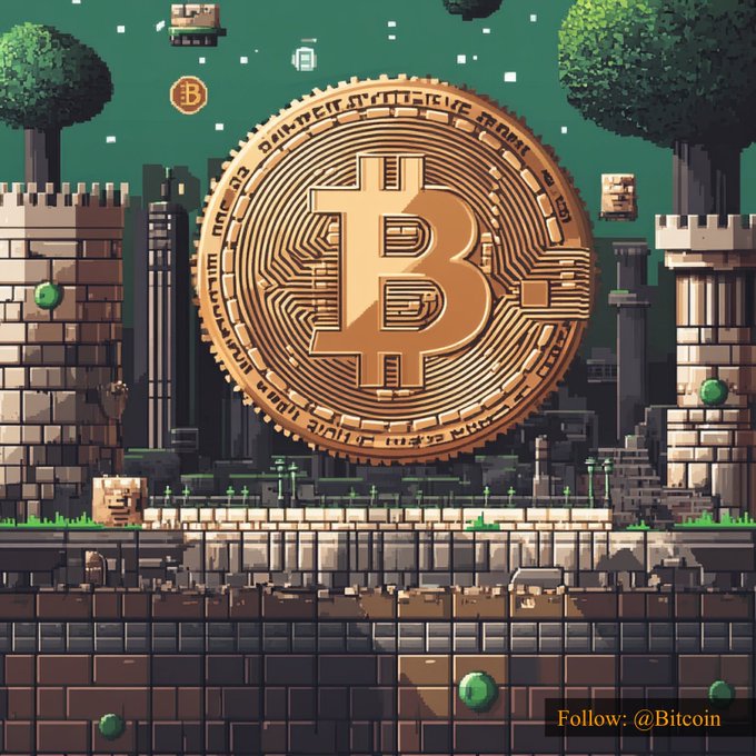 A pixel art scene features a large golden Bitcoin coin hovering above a retro platformer-style castle and brick landscape, with "Follow: @Bitcoin" displayed in the corner, complementing the post's $62,735.08 Bitcoin value.