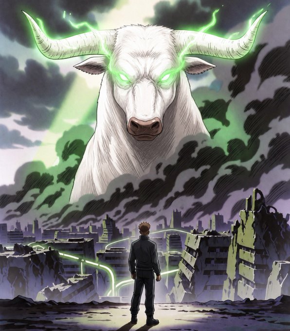A lone figure stands amid the ruins of a devastated city, facing a colossal, menacing white bull with glowing green eyes and horns that looms ominously amid dark, swirling clouds. The image visually represents the accompanying "DROP YOUR $SOL WALLET" message, evoking themes of market turmoil and bold confrontation within the Solana crypto space.