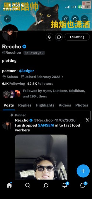 A Twitter/X profile page for 'Recchoo' (@Recchoo) shows a banner with a black cat smoking, with a pinned post dated 11/07/2026 stating 'i airdropped SANSEM irl to fast food workers' alongside a photo of someone in a car.