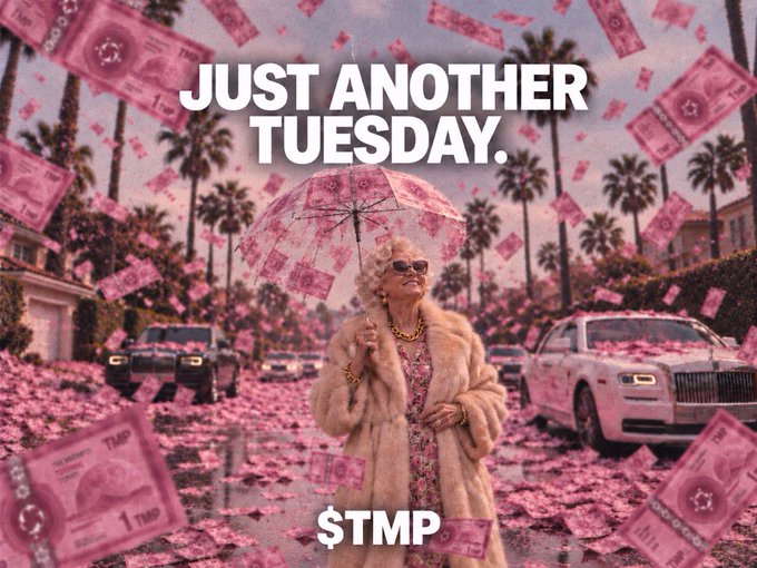 A glamorous woman in a fur coat and sunglasses stands holding an umbrella in a street raining pink banknotes, with luxury cars and palm trees in the background, overlaid with the text "JUST ANOTHER TUESDAY." and "$TMP" at the bottom — visually amplifying the post's theme of Tuesday being "out of hand" with massive crypto rewards and NFTs in Moonpot's Round 1, where one NFT carries $100,000 USDC in redemption value.