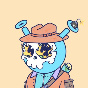 Illustration of a stylized skull character with flaming eyes wearing an orange cowboy hat and a halo with a bomb.