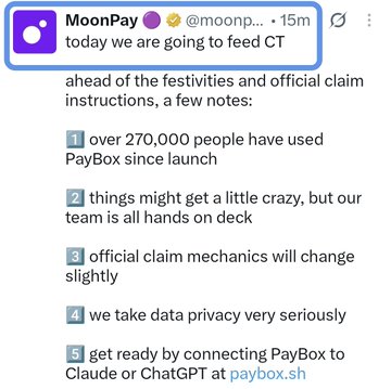 A tweet from MoonPay (@moonp...) announces plans to "feed CT" ahead of festivities, highlighting that over 270,000 people have used PayBox since launch, with links to paybox.sh, addressing concerns about the platform's rapid user growth.