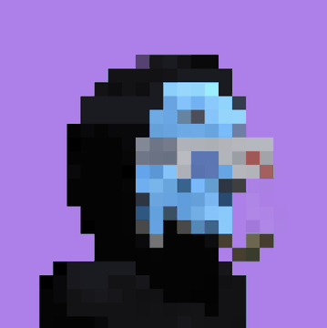 A pixel art image of a blue-skinned character with red lips and a wide grin against a solid purple background.