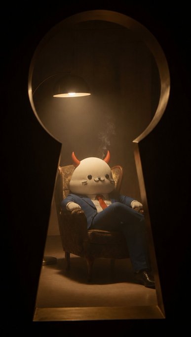 A 3D illustration of a cute devil character with red horns sitting in a vintage armchair within a keyhole-shaped opening, wearing a blue suit and smoking a cigarette under a single hanging lamp.