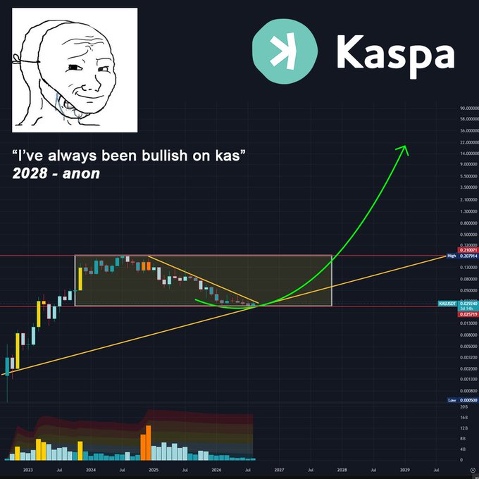 A meme-style cryptocurrency chart for 'Kaspa' featuring a 'Wojak' character with text reading 'I've always been bullish on kas' attributed to '2028 - anon', showing a long-term price prediction with an upward green arrow.