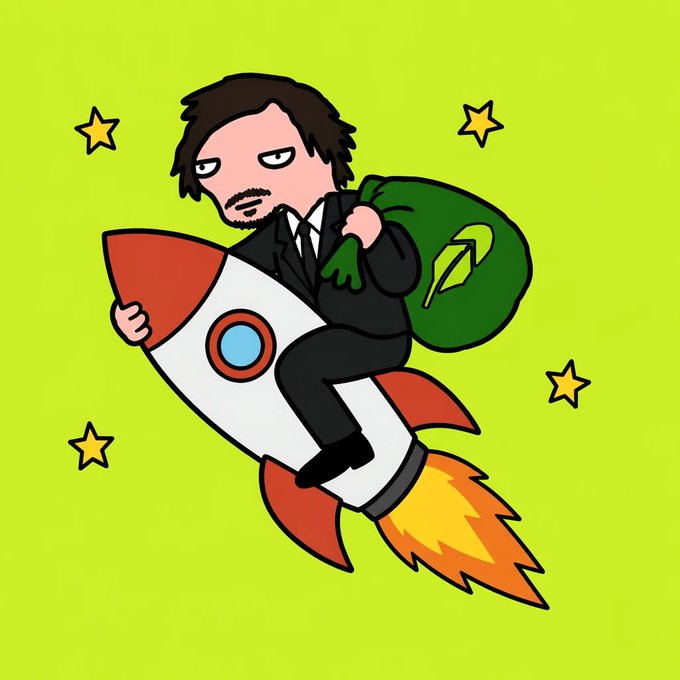 A cartoon man in a black suit rides a red and white rocket through a lime green sky dotted with stars, clutching a green money bag marked with a dollar sign. The image ties into the post by humorously illustrating the "shipping" metaphor as the suited figure launches toward "millys" with his bag of profits, visually reinforcing the boastful promotion of memecoin trades like $KNOTS, $STONK, $CETS, $PAIR, and the newly hyped $ROB at contract address 9neHdzR3i3XbQBj5wDR6whWWeiiC1yetfdS8RzVsSP95.