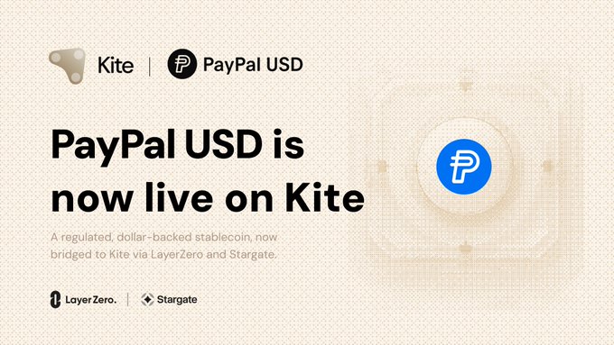 The image is a promotional graphic announcing that PayPal USD (PYUSD) is now live on Kite, featuring the Kite and PayPal USD logos alongside LayerZero and Stargate branding. The text highlights that the regulated, dollar-backed stablecoin has been bridged to Kite via LayerZero and Stargate, visually reinforcing the post's announcement about omnichain stablecoin settlement for agents.