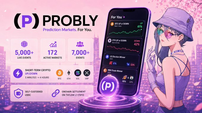The image is a promotional graphic for **Probly**, a prediction markets platform, featuring its logo and tagline "Prediction Markets. For You." alongside key statistics (5,000+ live events, 172 active markets, 7,000+ events) and highlighted features like short-term crypto up/down predictions (BTC, ETH, SOL, XRP with 5-minute to 4-hour timeframes), self-custodied USDC, and onchain settlement on TXFlow L1 (TIP3), all set against a stylized anime-inspired cityscape with cherry blossoms and a smartphone mockup showing personalized market predictions like "BTC UP or DOWN" and "US Election Winner."

The image relates to the post by visually illustrating the "discovery crisis" the author describes—showcasing how platforms overwhelm users with thousands of broad, unfiltered events across politics, sports, and crypto—while positioning Probly's personalized "For You" interface as the streamlined solution.