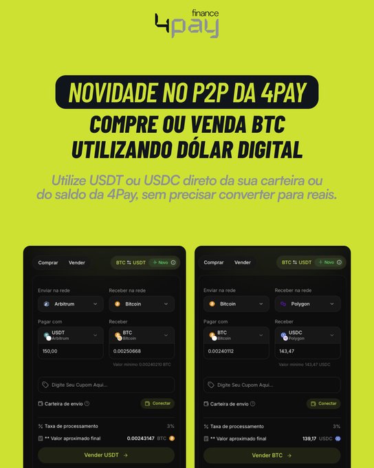 4Pay Finance announcement in Portuguese about a new P2P feature to buy or sell BTC using digital dollar (USDT or USDC) directly from your wallet, with screenshots of buy/sell interfaces.