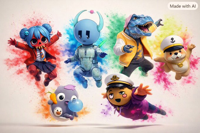 An AI-generated illustration shows six colorful cartoon characters posed in midair against bright red, blue, green, yellow, pink, and purple paint splashes, with a “Made with AI” label in the top-right corner.