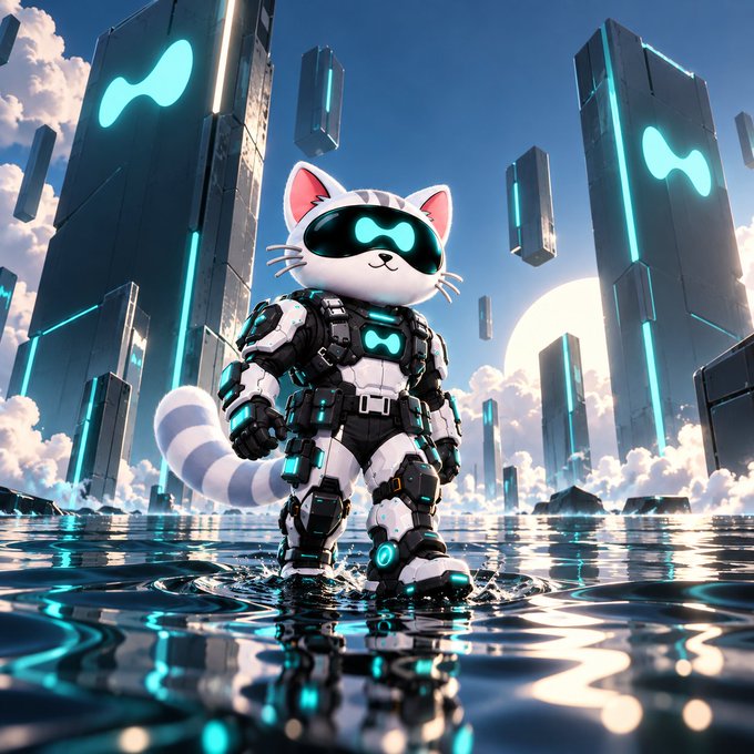 A 3D-rendered white cat in futuristic robotic armor and a glowing blue visor stands in shallow water amid floating futuristic skyscrapers.