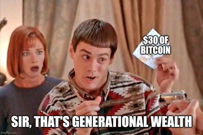 The image features three people, two of them men and one woman, gathered around each other engaged in conversation. One man is holding up an advertisement for Bitcoin, which says "That's Generational Wealth" above a man holding a $30 bill. The women are watching as the man with the money proclaims that he will pay them with Bitcoins if they accept it as payment. The post also includes text indicating that this exchange takes place at a terminal, and the user has tagged Bitcoin in their message.