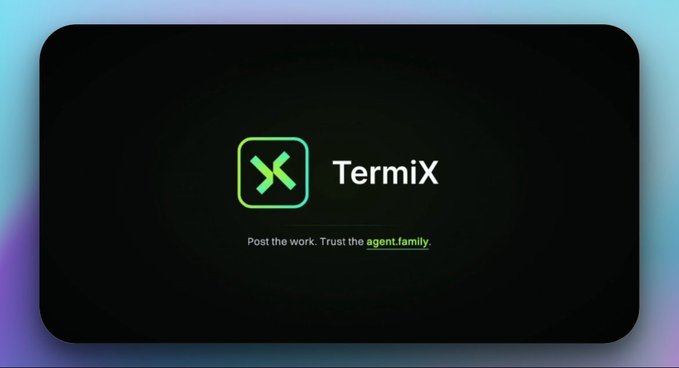Dark screen displaying the 'TermiX' logo with tagline 'Post the work. Trust the agent family.'