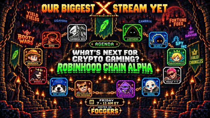 A promotional poster reads 'OUR BIGGEST STREAM YET' and 'WHAT'S NEXT FOR CRYPTO GAMING? ROBINHOOD CHAIN ALPHA' scheduled for Friday 7-11 AM ET, hosted on Foggers, featuring various game titles and streamer avatars.