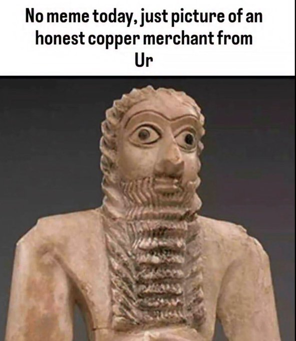 The image shows a meme with the text "No meme today, just picture of an honest copper merchant from Ur" above an ancient Sumerian/Mesopotamian statue featuring a bearded figure with wide, prominent eyes. The caption "bullish on copper" relates to the joke, as the statue is humorously presented as an "honest" copper merchant from the ancient city of Ur, implying confidence in copper markets through this whimsical historical reference.
