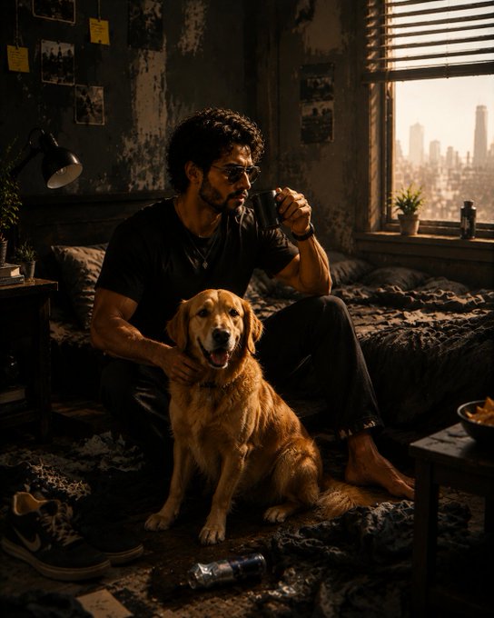 A man sitting with his dog looking into the distance.  The man's loyal dog sits beside him every morning while the city wakes up outside.