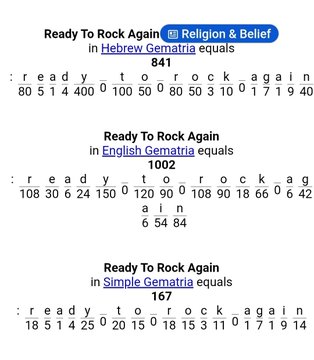 The image displays three gematria calculations for the phrase "Ready To Rock Again," showing its numeric values in Hebrew (841), English (1002), and Simple (167) gematria systems, aligning with the post's mention of a gematria calculator and the title "READY TO ROCK AGAIN!!!"