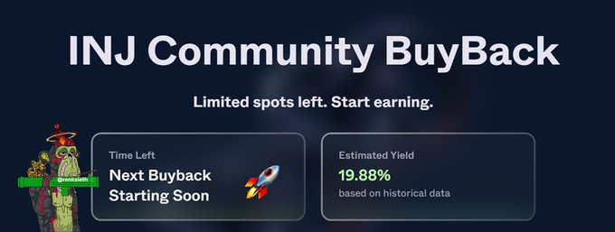 A digital banner for 'INJ Community BuyBack' featuring a countdown for the next buyback and an estimated yield of 19.88%, accompanied by a quirky character graphic.