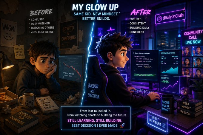 A split "glow up" illustration contrasts a disheveled, confused kid on a dimly lit "GM" setup labeled "BEFORE — CONFUSED, OVERWHELMED, WATCHING OTHERS, ZERO CONFIDENCE" against a confident, smiling builder on the right labeled "AFTER — FOCUSED, CONSISTENT, BUILDING DAILY, CONFIDENT," with neon dashboards showing "ONCHAIN ACTIVITY," "GROWTH +492%," and "@RallyOnChain" branding alongside tags like "WEB3 MINDSET," "FREEDOM," and "BUILT DIFFERENT." The center banner reads "MY GLOW UP — SAME KID. NEW MINDSET. BETTER BUILDS." with the closing line "From lost to locked in. From watching charts to building the future. STILL LEARNING. STILL BUILDING. BEST DECISION I EVER MADE 🚀," directly mirroring the post's journey from aimless crypto scrolling
