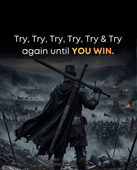 A motivational poster featuring a knight in armor with a cape and crossed swords, overlooking a battlefield, with the text 'Try, Try, Try, Try, Try & Try again until YOU WIN.'