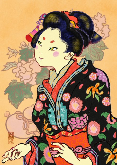 ikebana painting features a young woman with black hair, wearing an orange and pink kimono adorned with flowers, against a peach background.