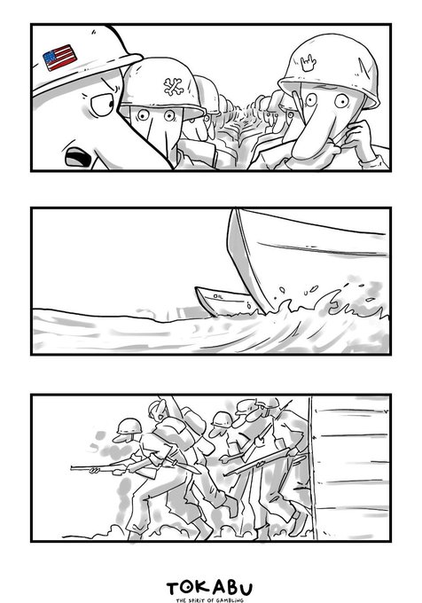 A three-panel black and white comic strip showing soldiers in helmets, a sinking ship, and troops storming a beach, titled 'TOKABU THE SHIFT OF GAMBLING'.